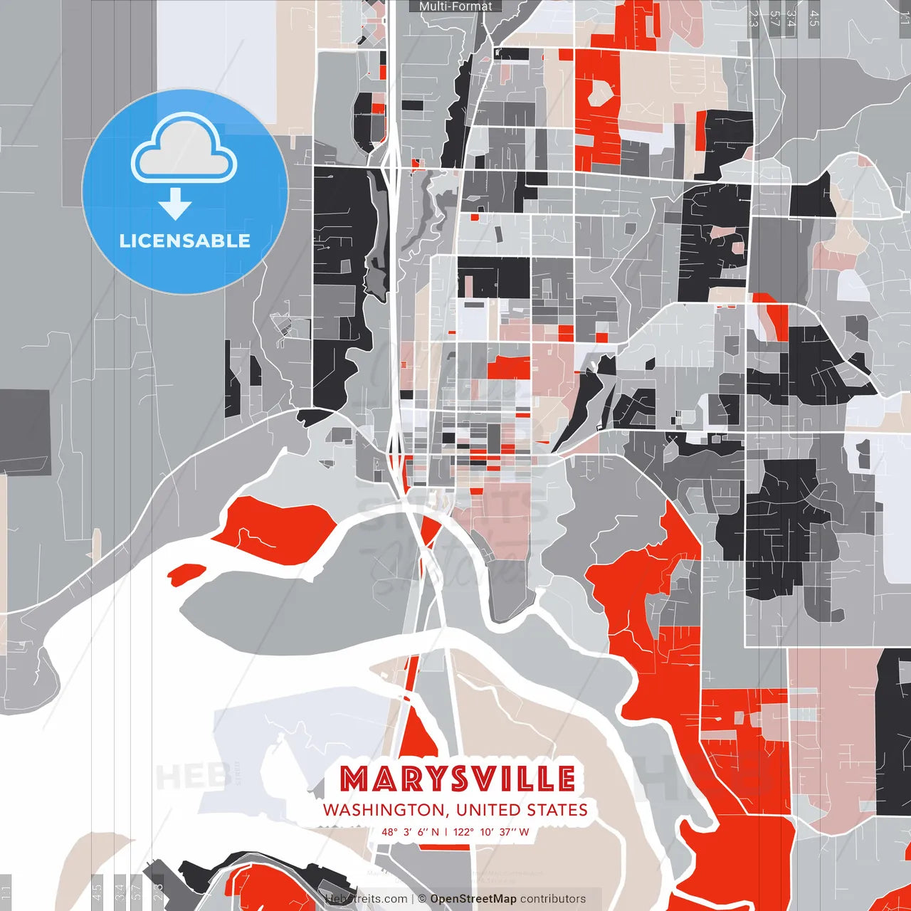 Marysville, Washington, United States - modern street map poster template with gray and red tones
