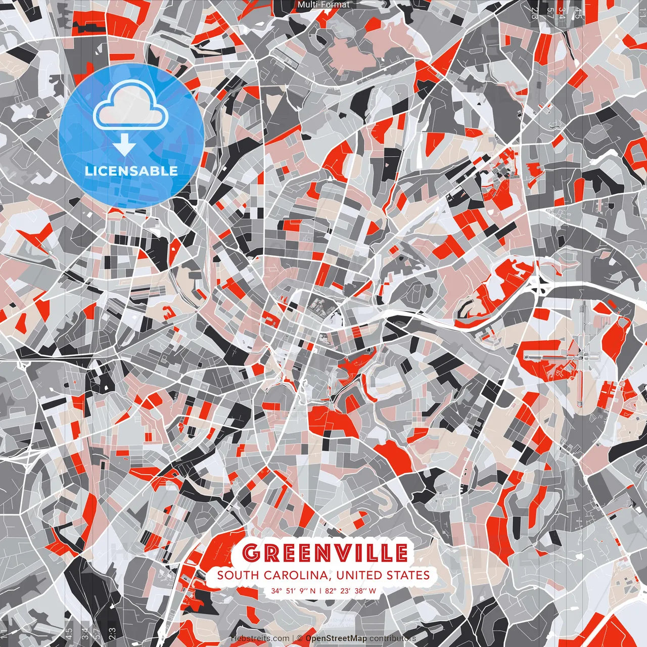 Greenville, South Carolina, United States - modern street map poster template with gray and red tones