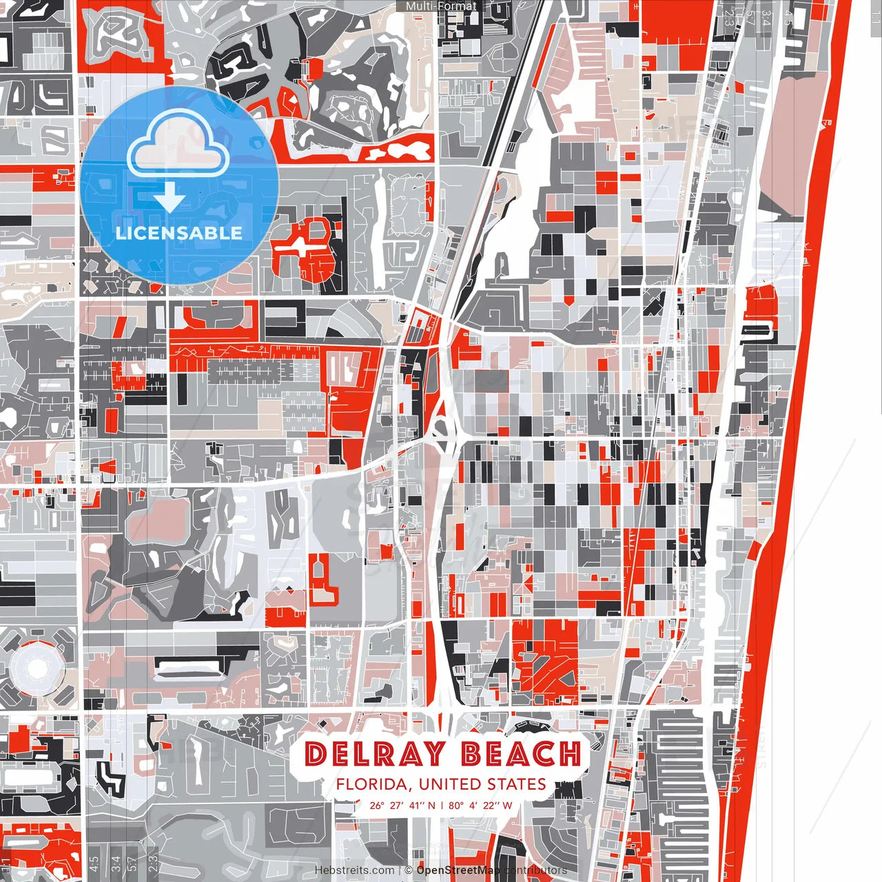Delray Beach, Florida, United States - modern street map poster template with gray and red tones