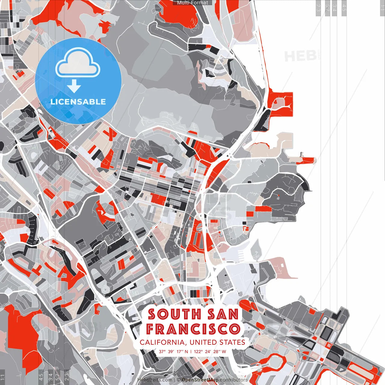South San Francisco, California, United States - modern street map poster template with gray and red tones