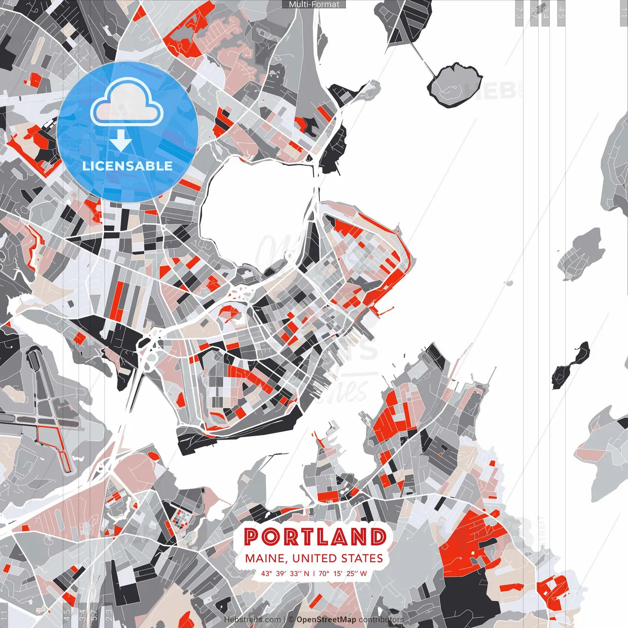 Portland, Maine, United States - modern street map poster template with gray and red tones