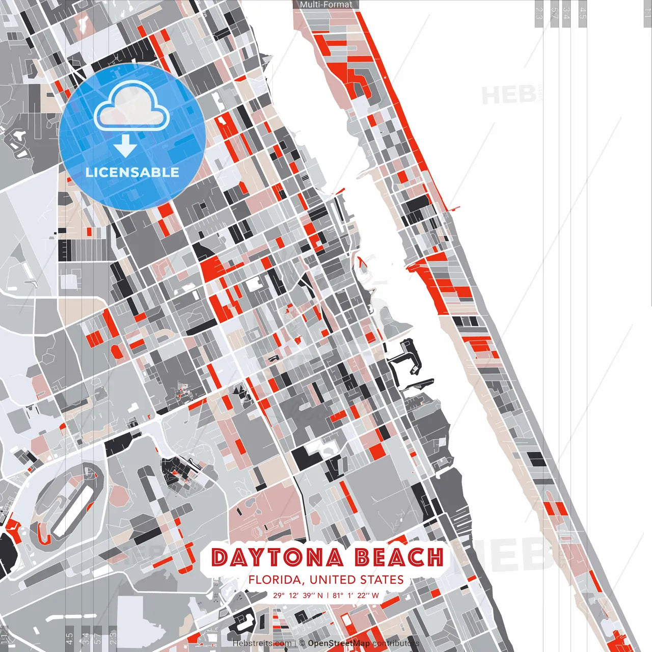 Daytona Beach, Florida, United States - modern street map poster template with gray and red tones