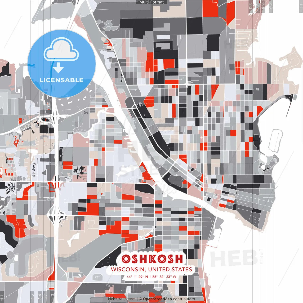 Oshkosh, Wisconsin, United States - modern street map poster template with gray and red tones