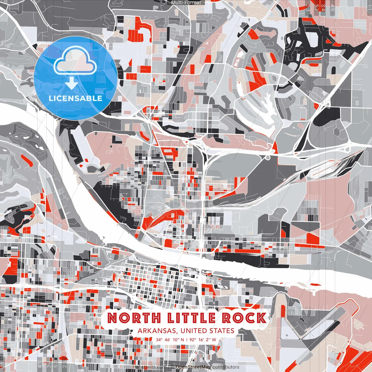 North Little Rock, Arkansas, United States - modern street map poster template with gray and red tones