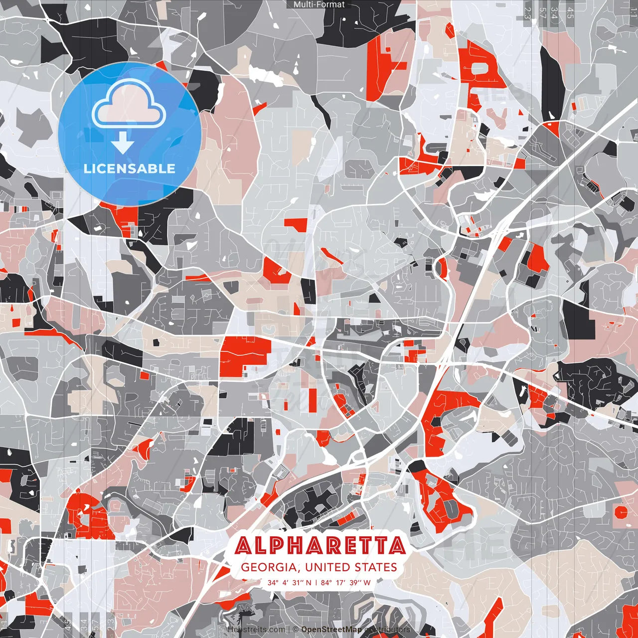 Alpharetta, Georgia, United States - modern street map poster template with gray and red tones