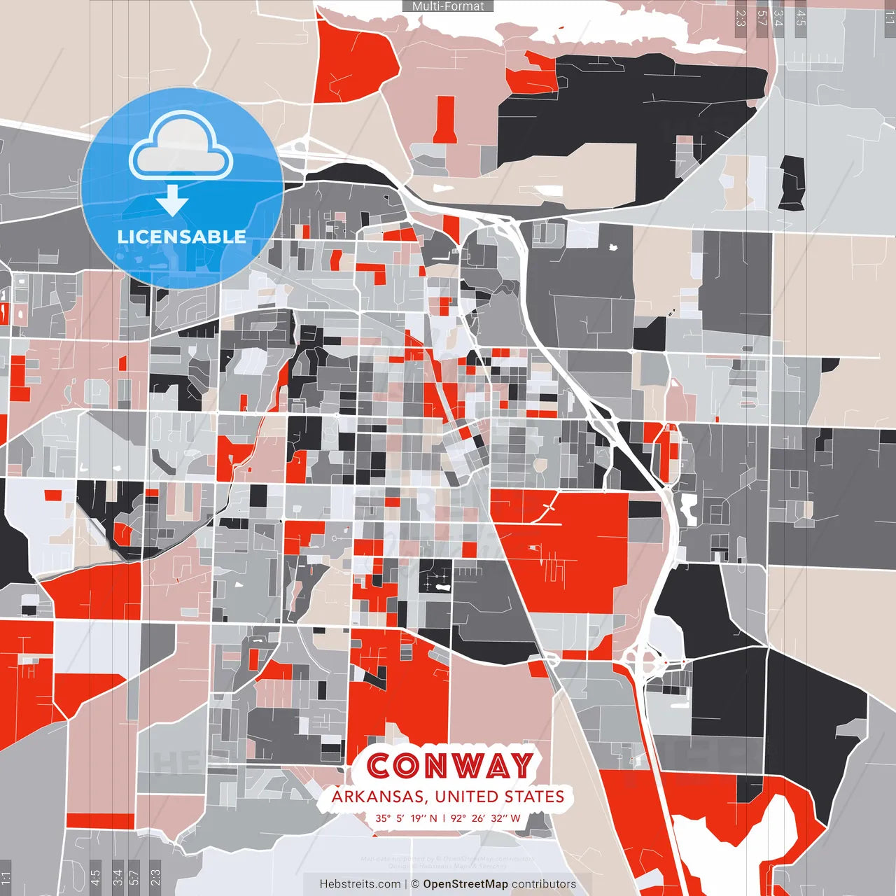 Conway, Arkansas, United States - modern street map poster template with gray and red tones