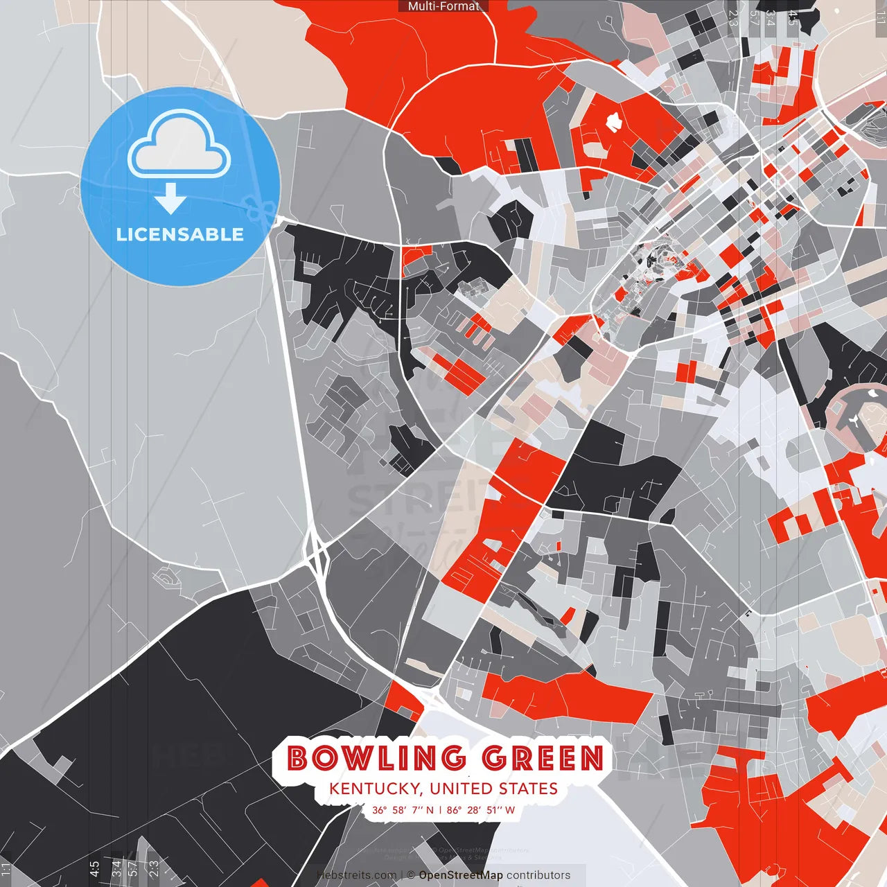 Bowling Green, Kentucky, United States - modern street map poster template with gray and red tones