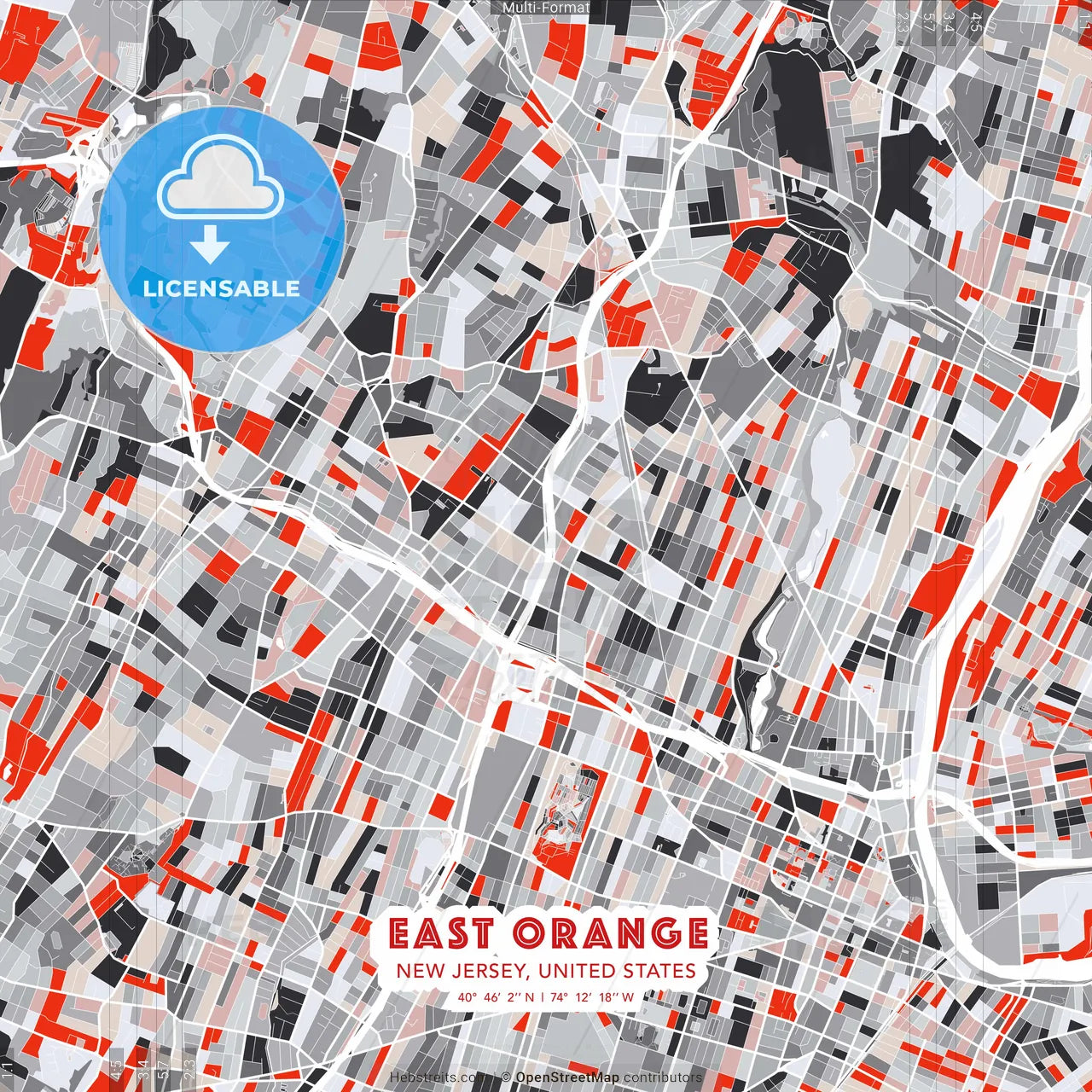 East Orange, New Jersey, United States - modern street map poster template with gray and red tones
