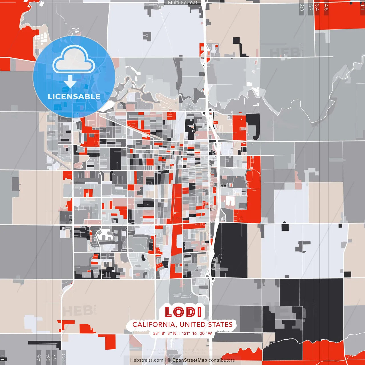 Lodi, California, United States - modern street map poster template with gray and red tones