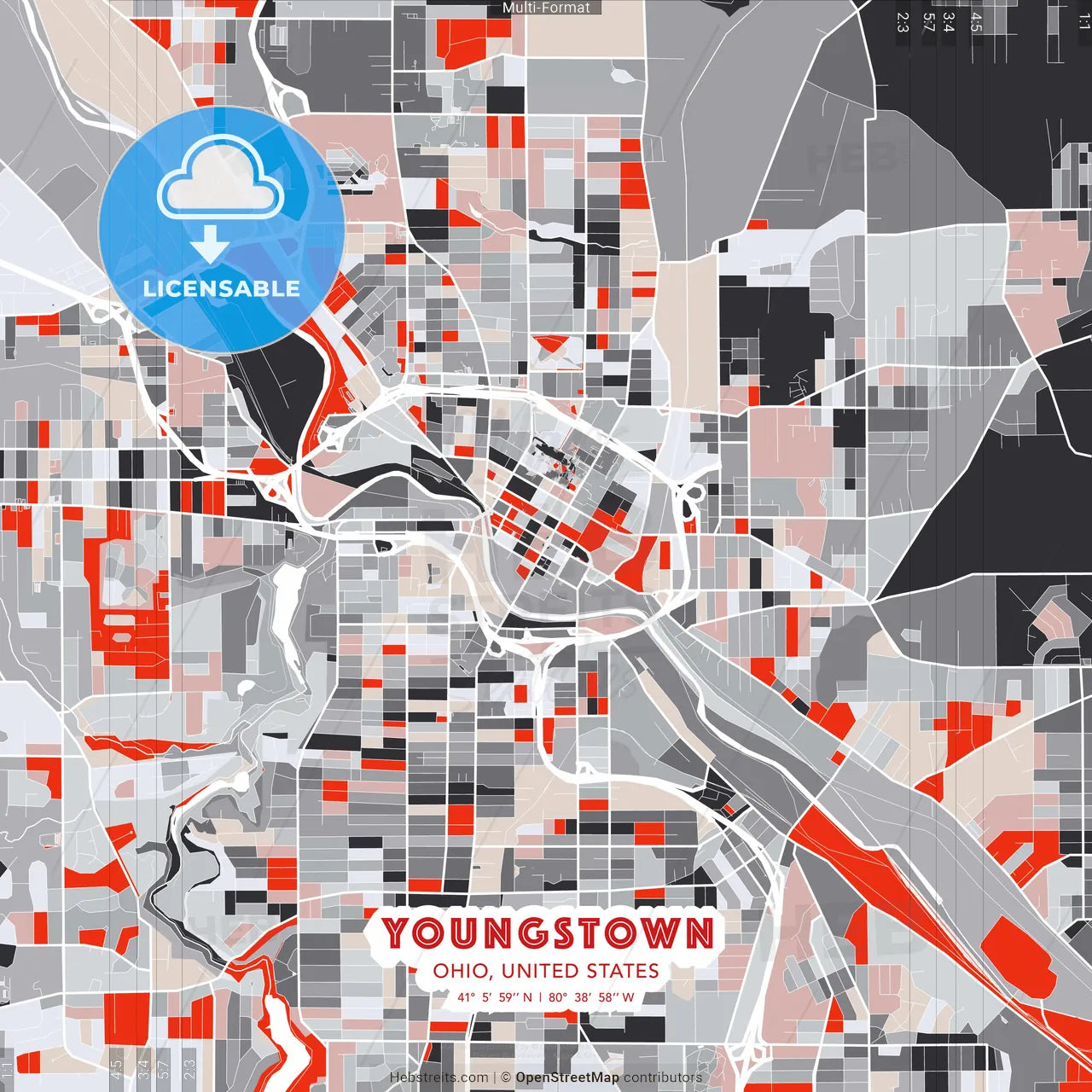 Youngstown, Ohio, United States - modern street map poster template with gray and red tones