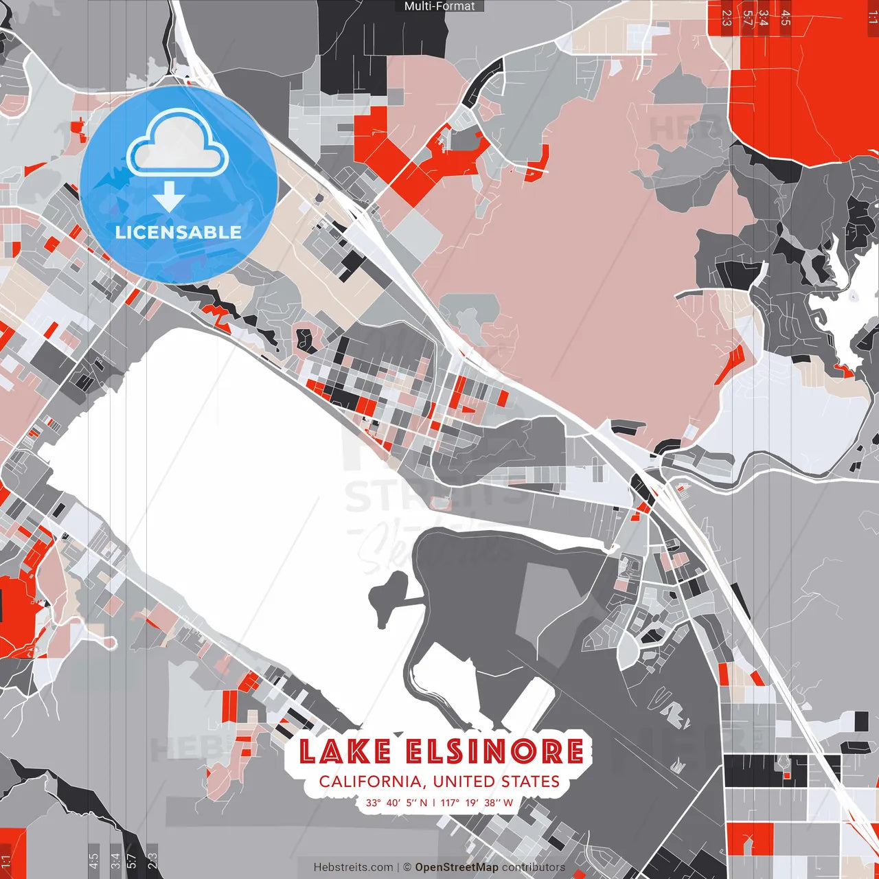 Lake Elsinore, California, United States - modern street map poster template with gray and red tones