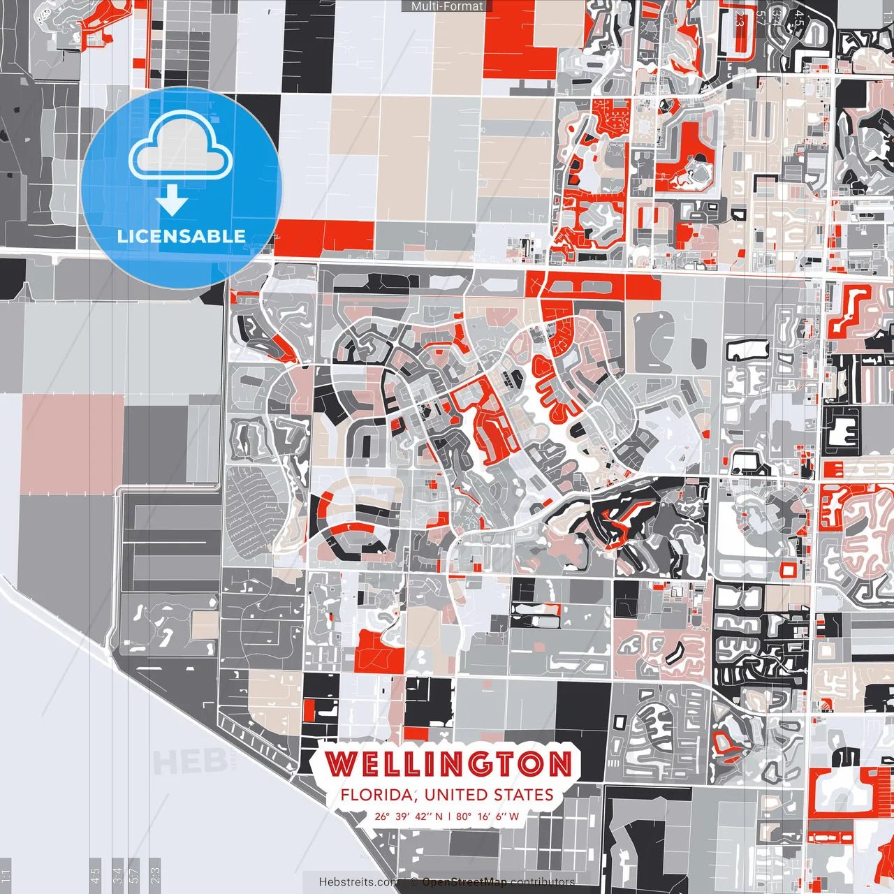 Wellington, Florida, United States - modern street map poster template with gray and red tones