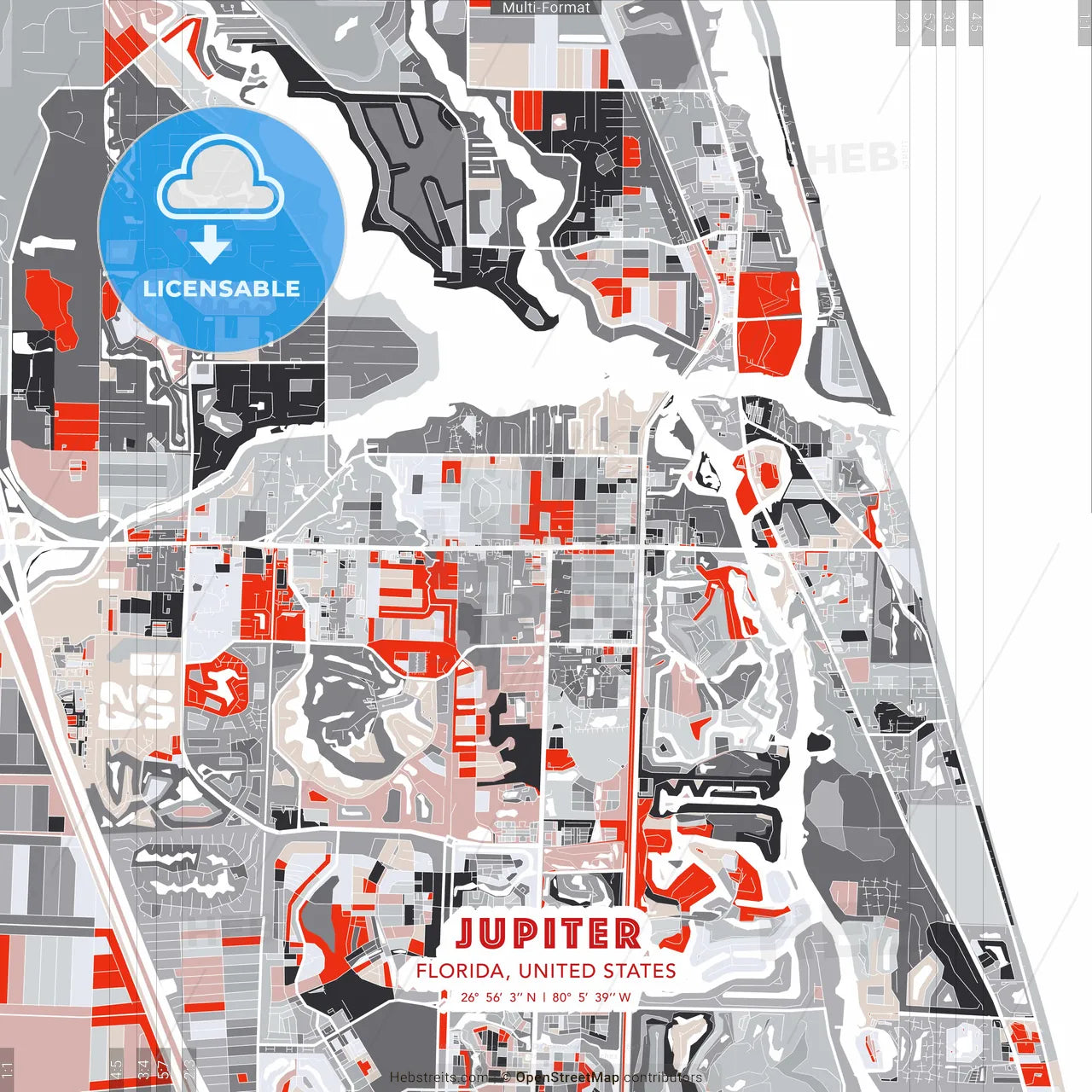Jupiter, Florida, United States - modern street map poster template with gray and red tones