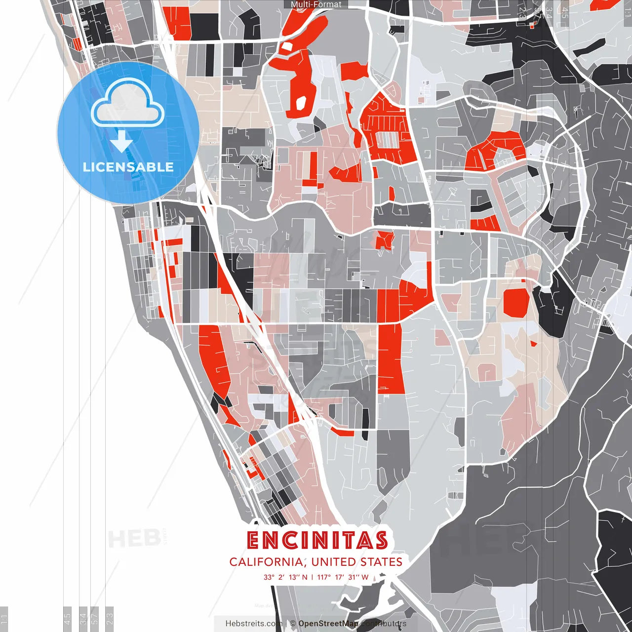 Encinitas, California, United States - modern street map poster template with gray and red tones