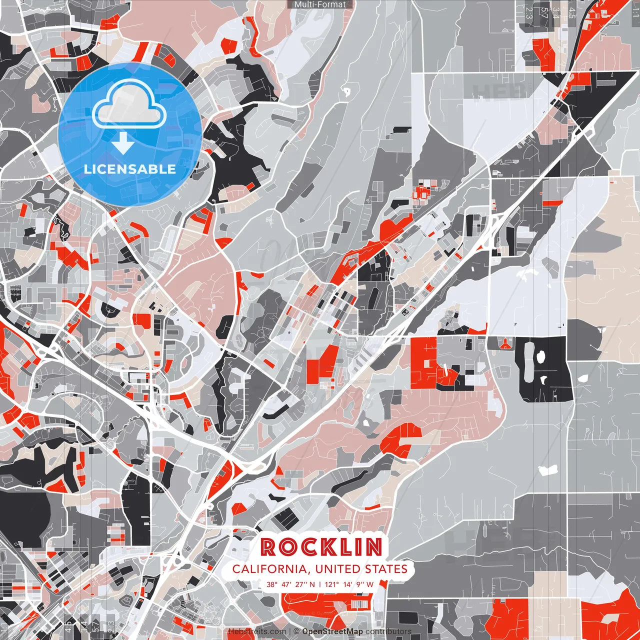 Rocklin, California, United States - modern street map poster template with gray and red tones