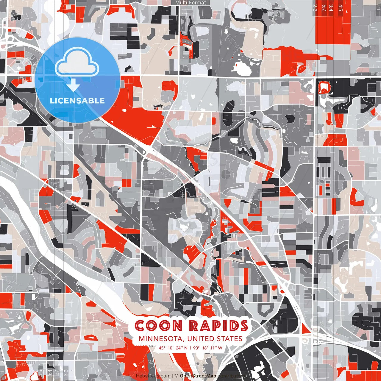 Coon Rapids, Minnesota, United States - modern street map poster template with gray and red tones