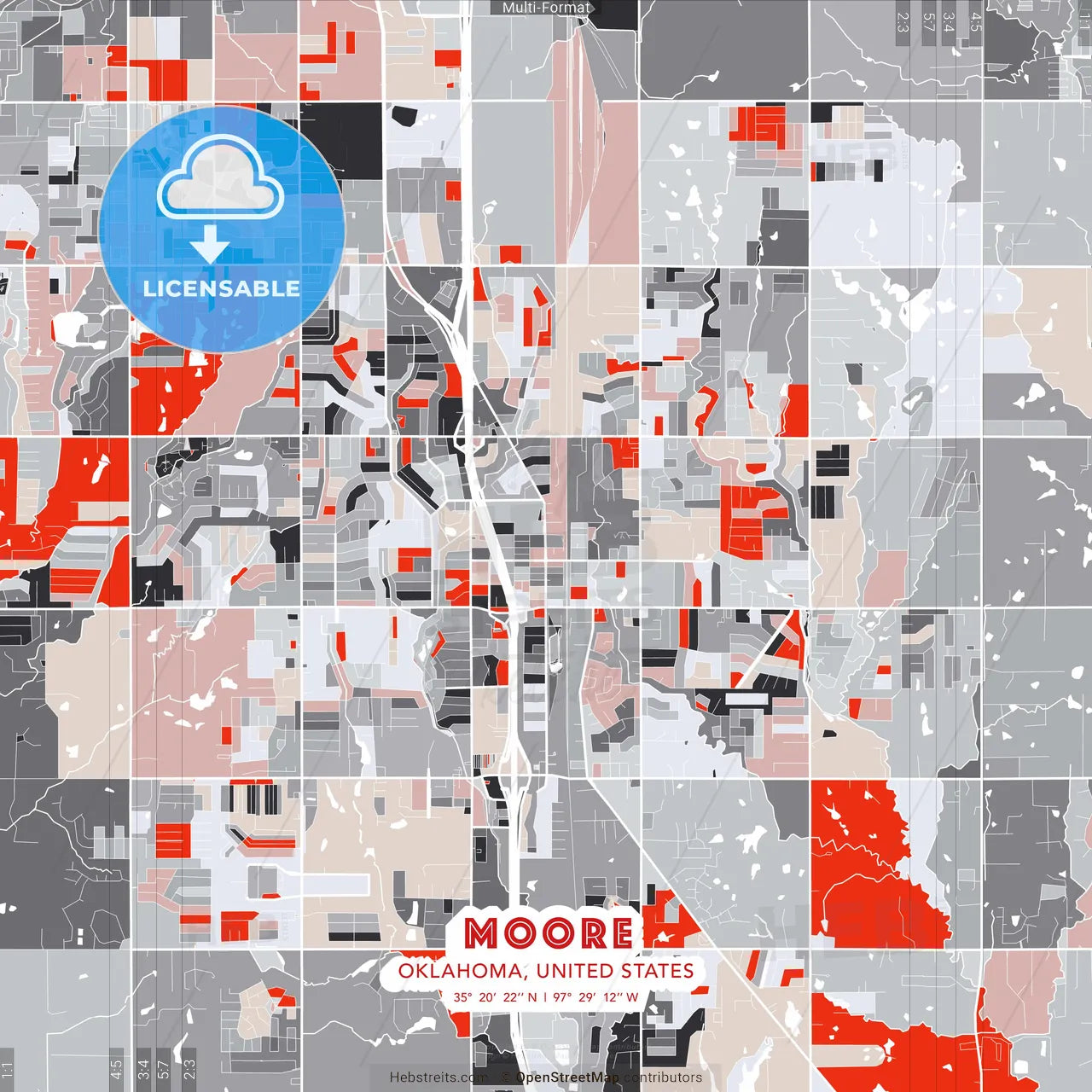 Moore, Oklahoma, United States - modern street map poster template with gray and red tones