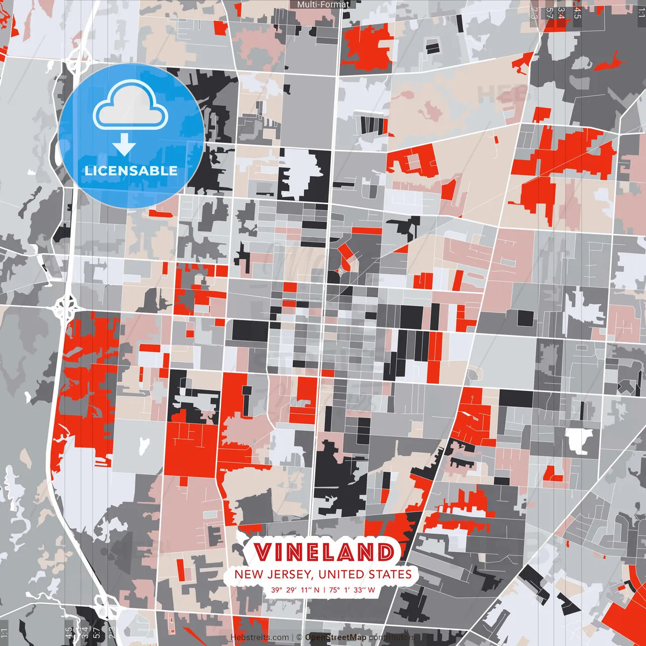 Vineland, New Jersey, United States - modern street map poster template with gray and red tones