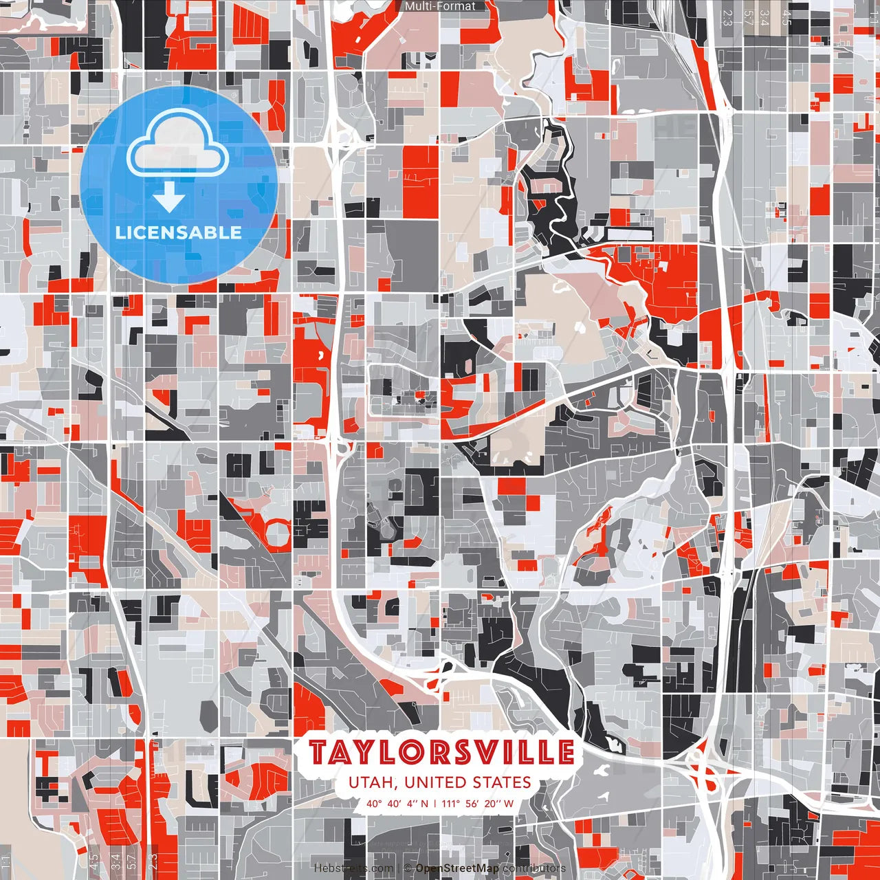 Taylorsville, Utah, United States - modern street map poster template with gray and red tones