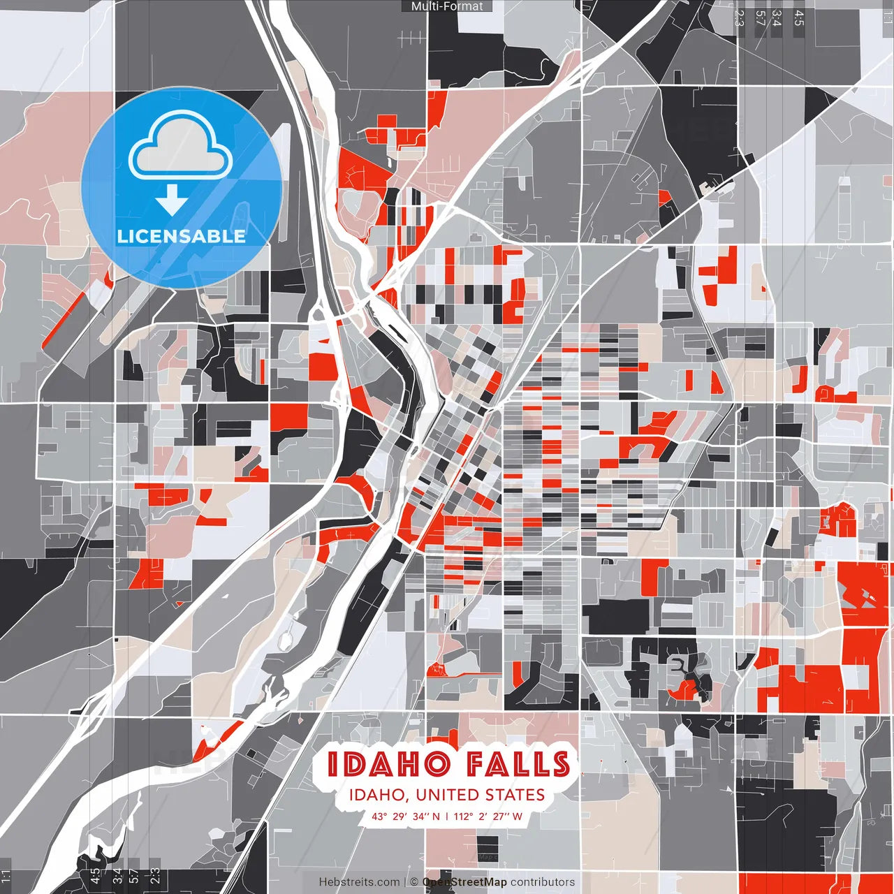 Idaho Falls, Idaho, United States - modern street map poster template with gray and red tones