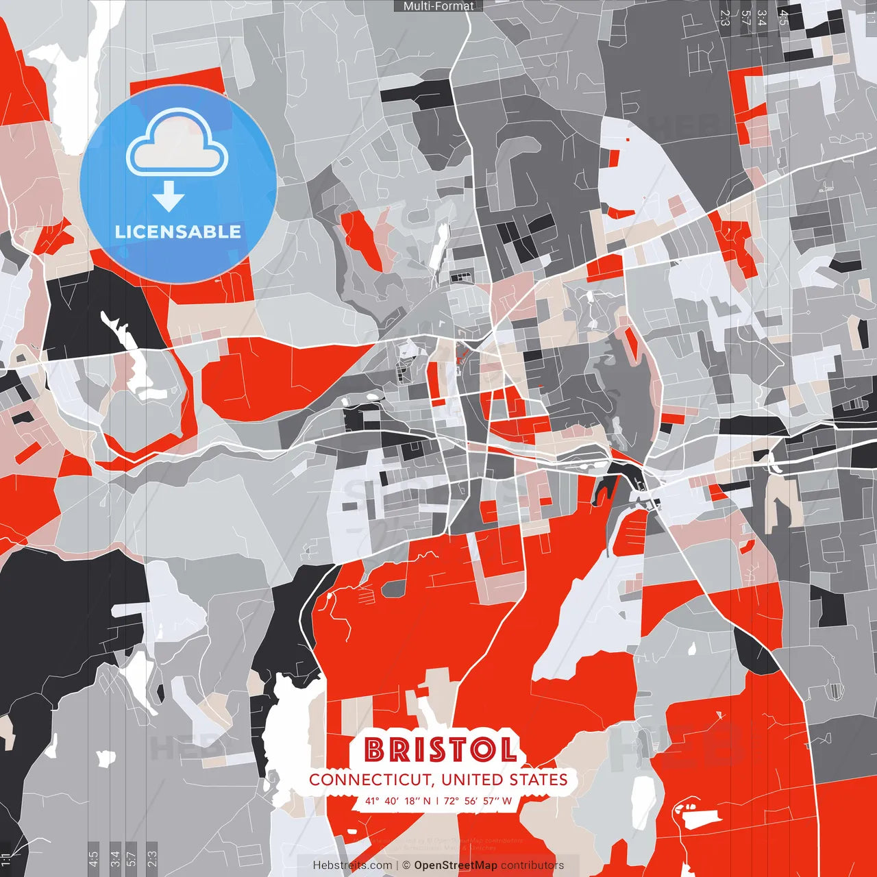 Bristol, Connecticut, United States - modern street map poster template with gray and red tones
