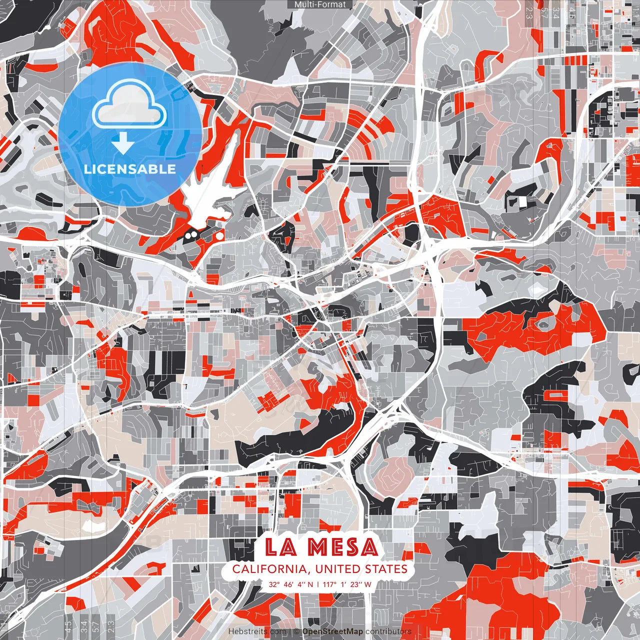 La Mesa, California, United States - modern street map poster template with gray and red tones