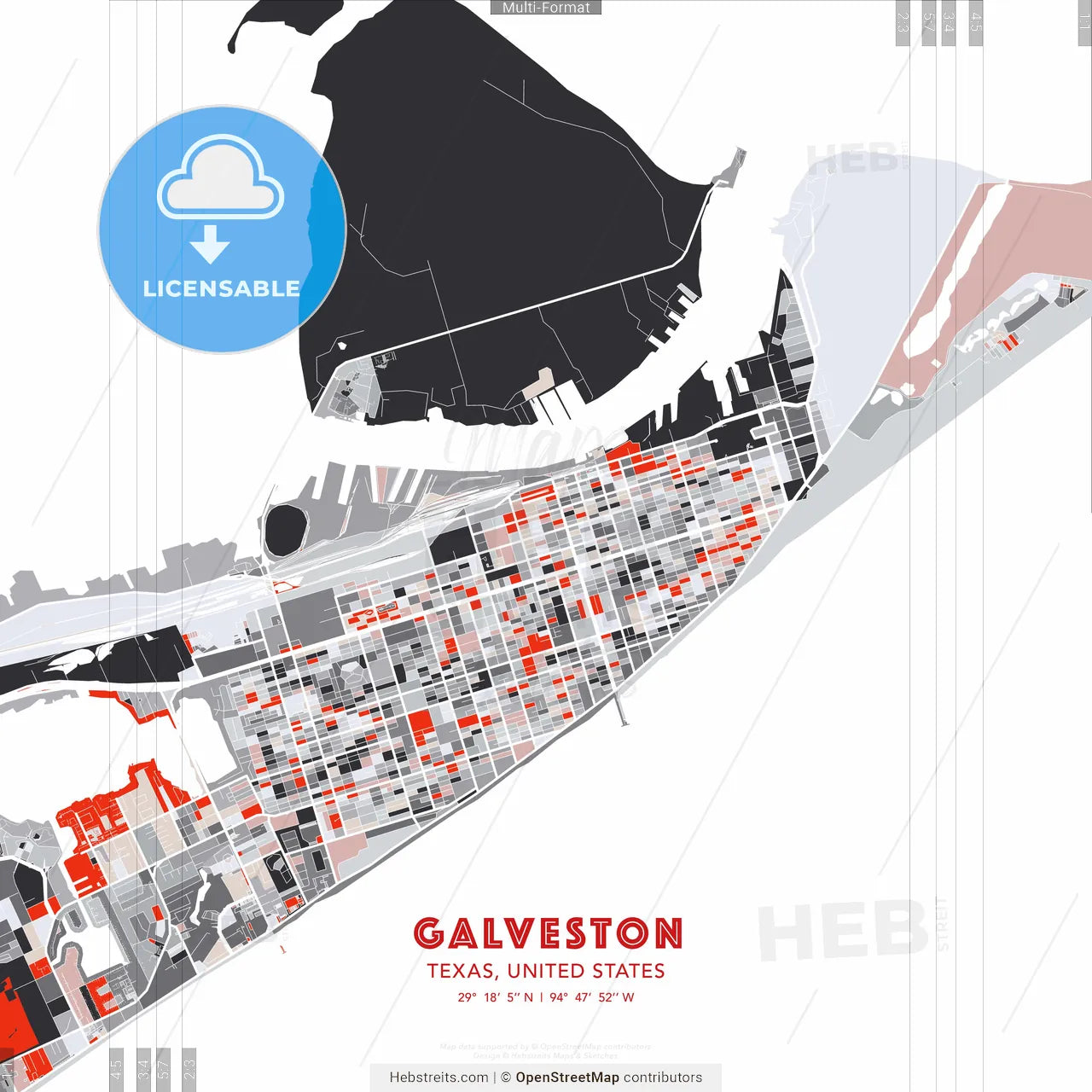 Galveston, Texas, United States - modern street map poster template with gray and red tones