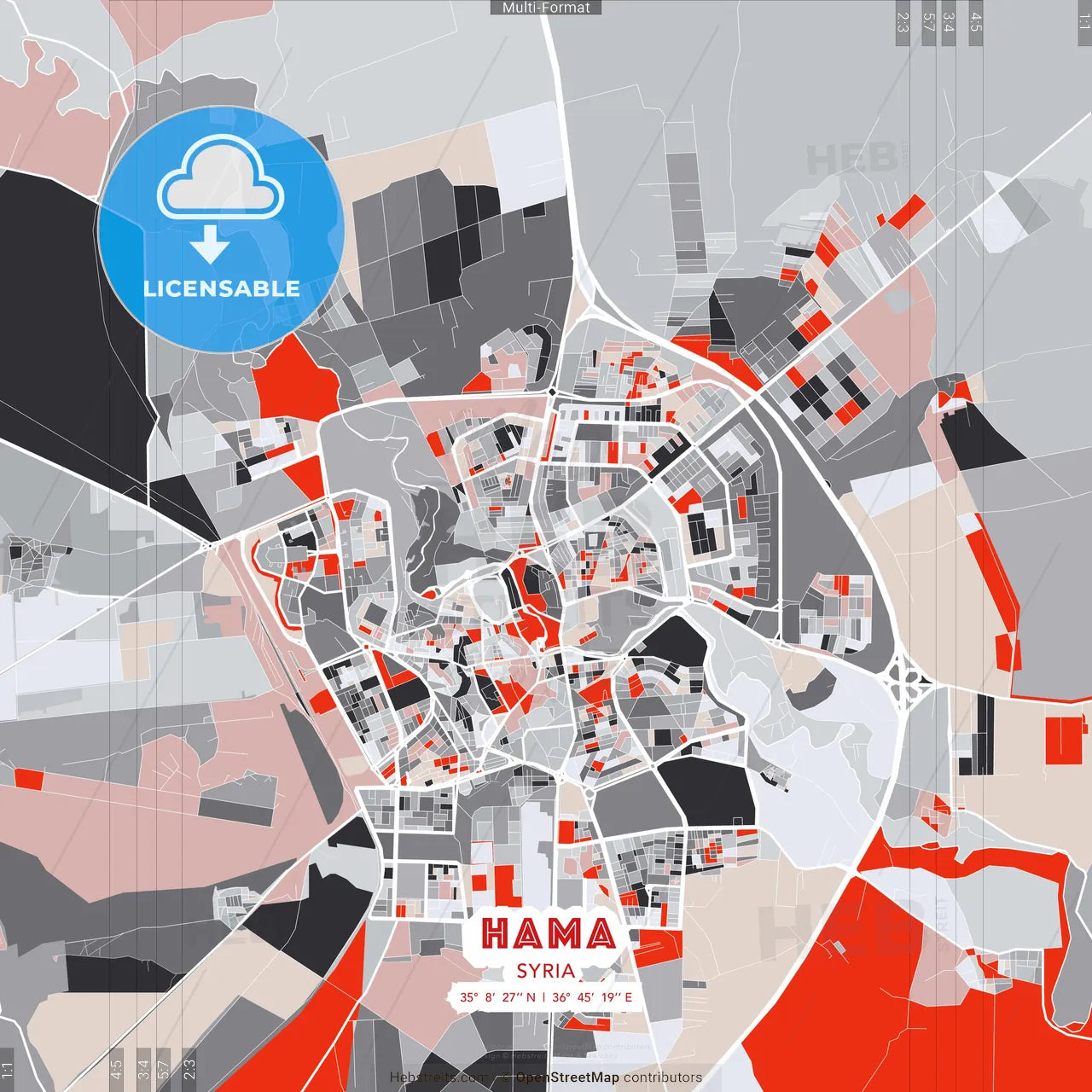 Hama, Syria - modern street map poster template with gray and red tones