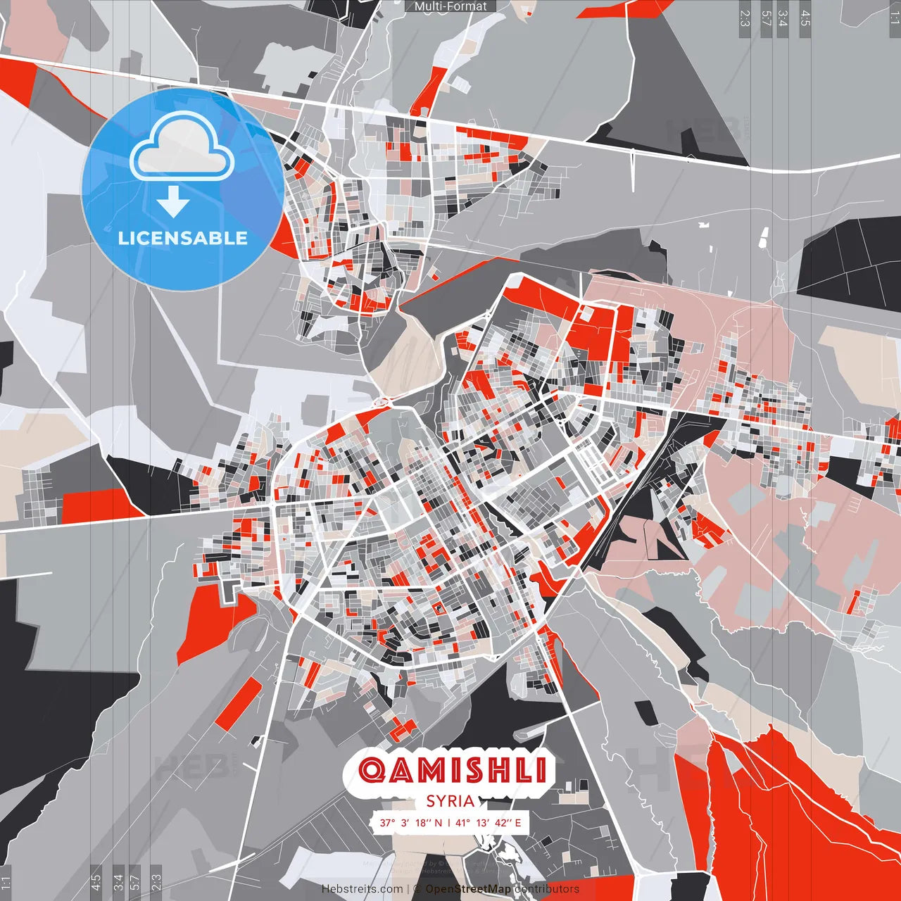 Qamishli, Syria - modern street map poster template with gray and red tones