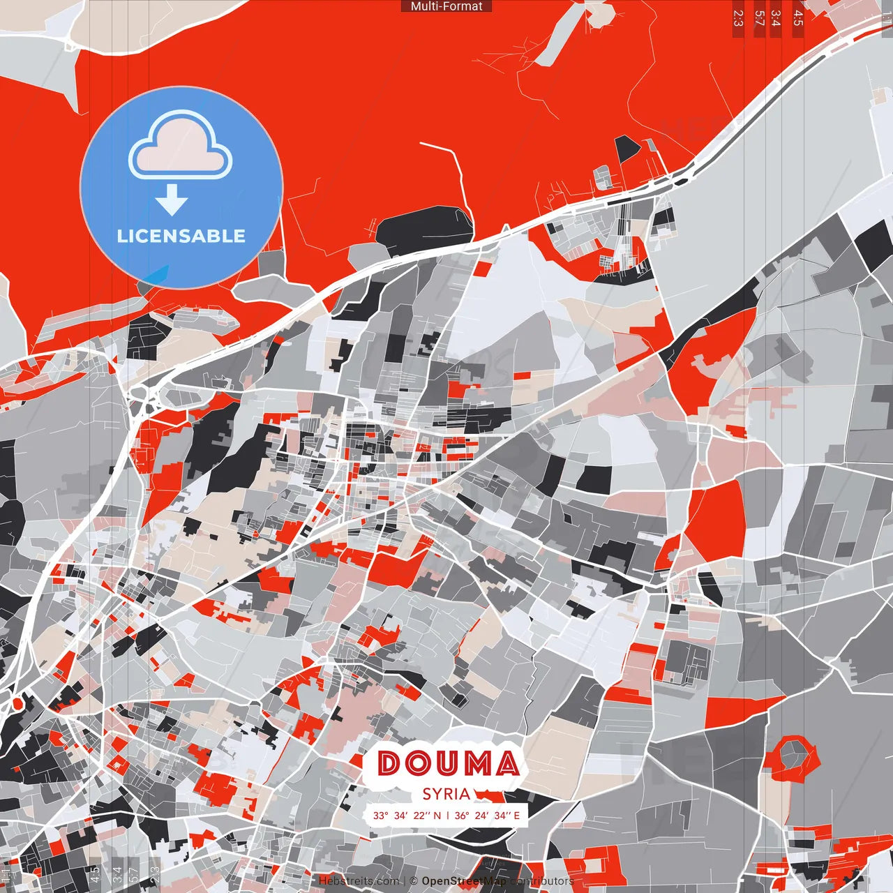 Douma, Syria - modern street map poster template with gray and red tones