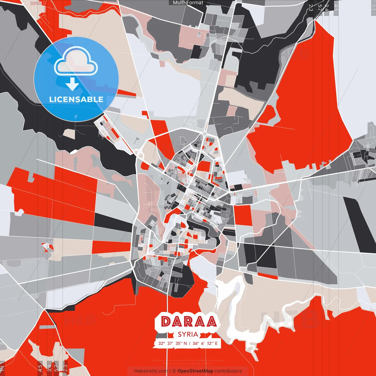 Daraa, Syria - modern street map poster template with gray and red tones