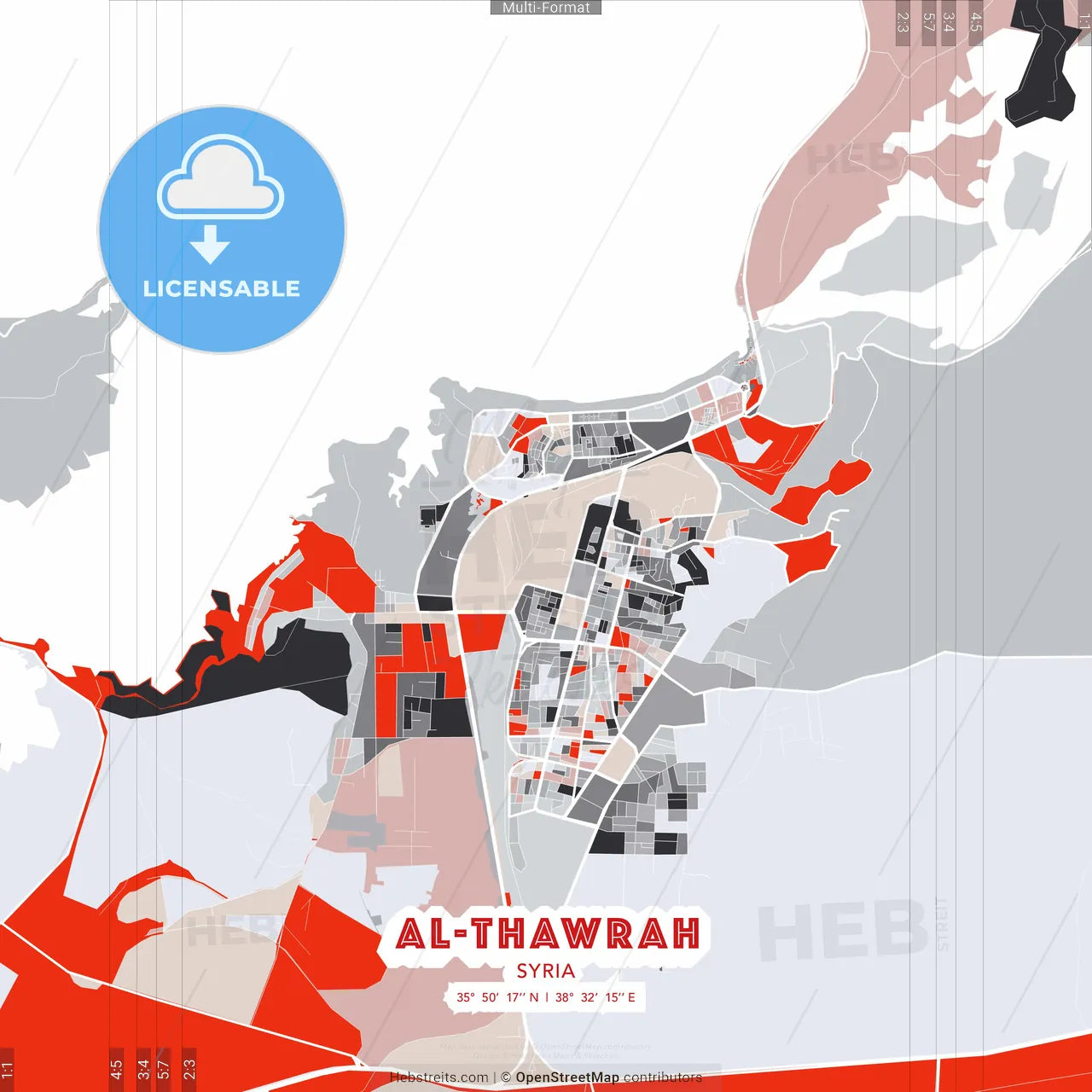 Al-Thawrah, Syria - modern street map poster template with gray and red tones