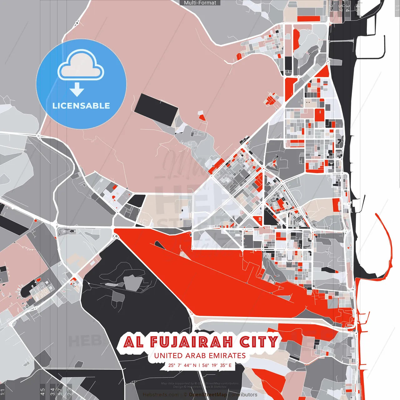 Al Fujairah City , United Arab Emirates - modern street map poster template with gray and red tones