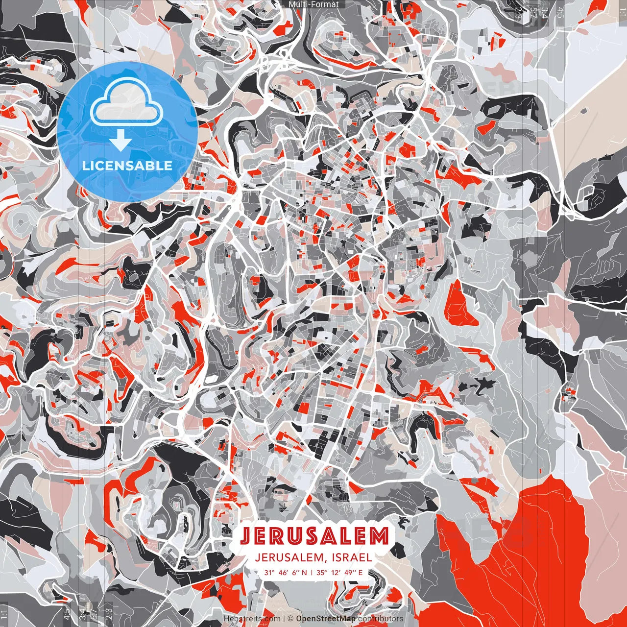 Jerusalem, Jerusalem, Israel - modern street map poster template with gray and red tones