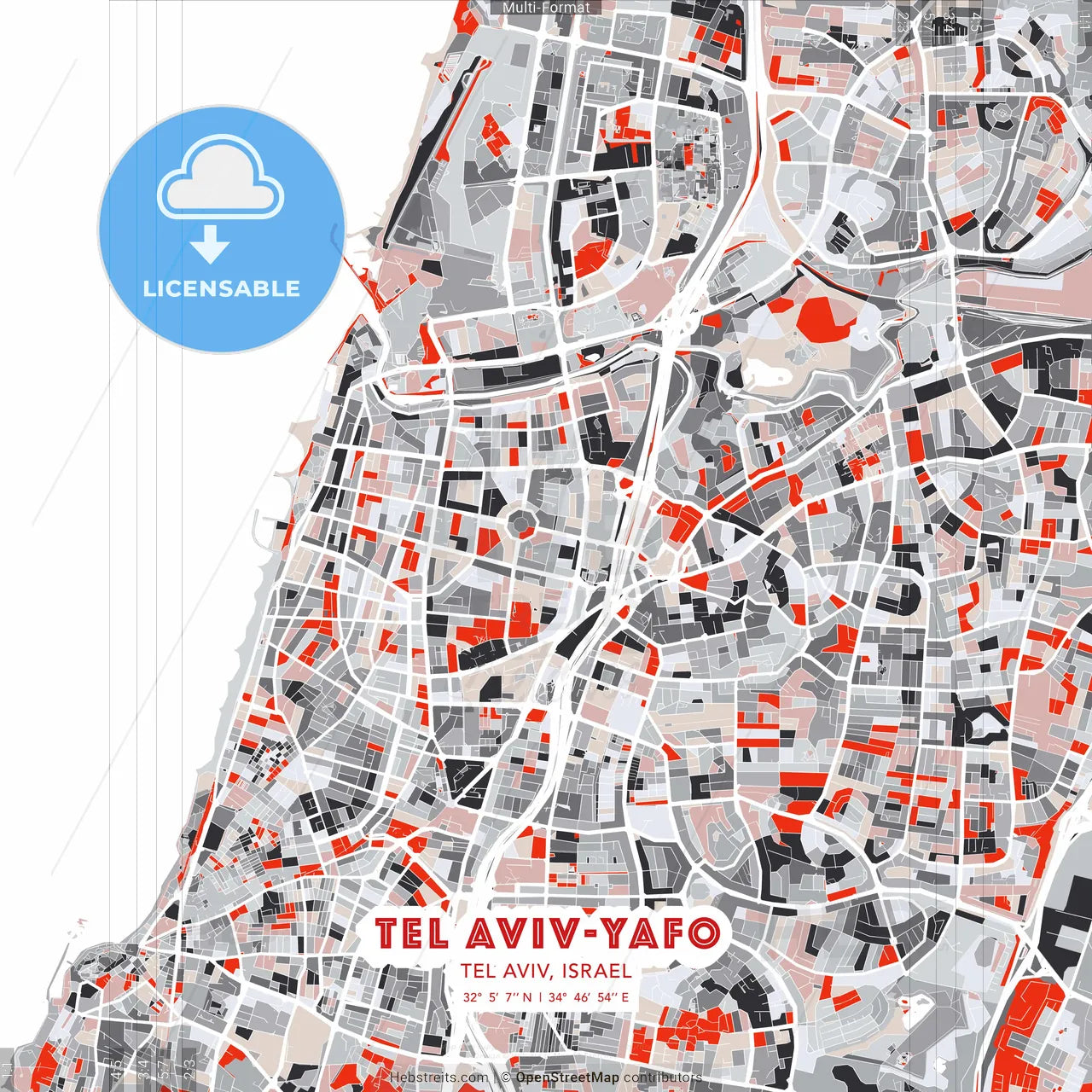 Tel Aviv-Yafo, Tel Aviv, Israel - modern street map poster template with gray and red tones
