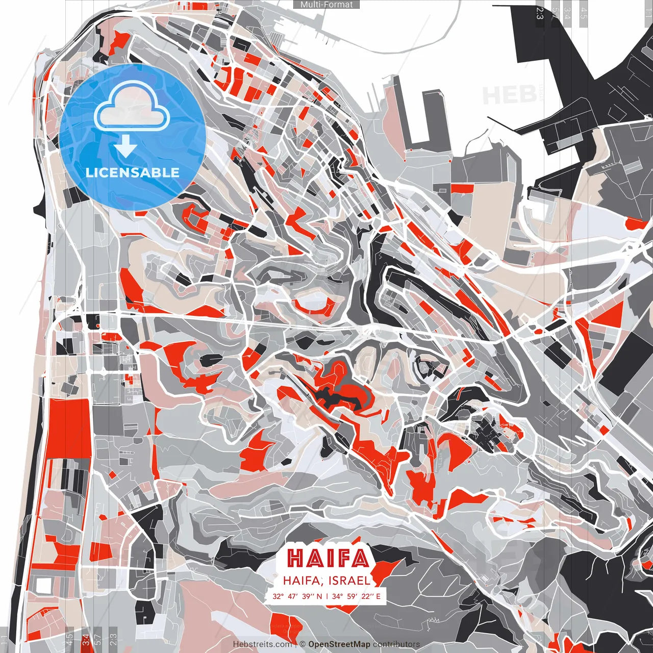 Haifa, Haifa, Israel - modern street map poster template with gray and red tones