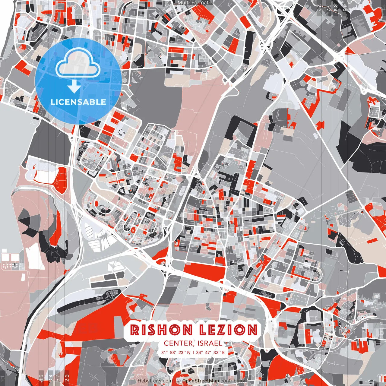 Rishon LeZion, Center, Israel - modern street map poster template with gray and red tones