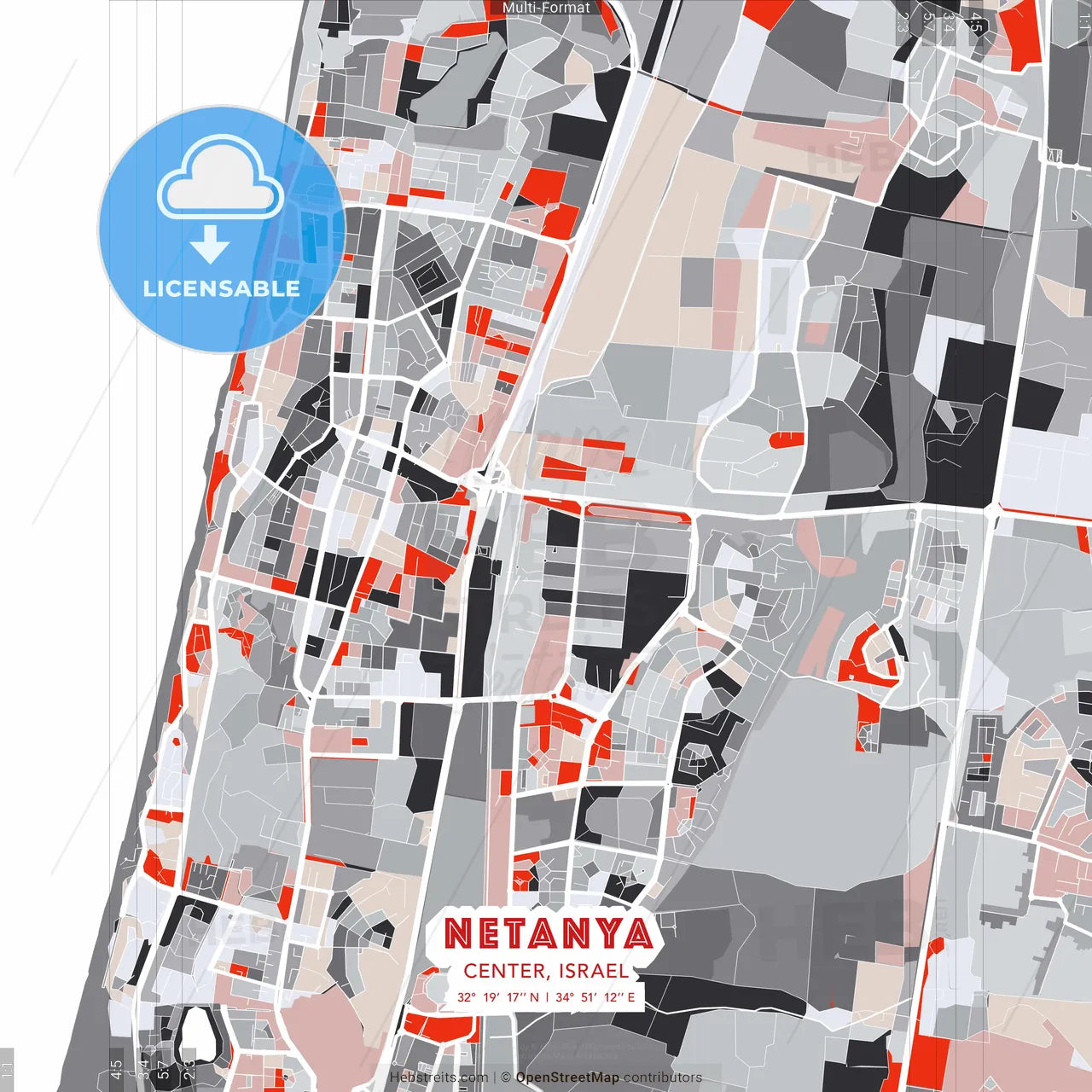 Netanya, Center, Israel - modern street map poster template with gray and red tones