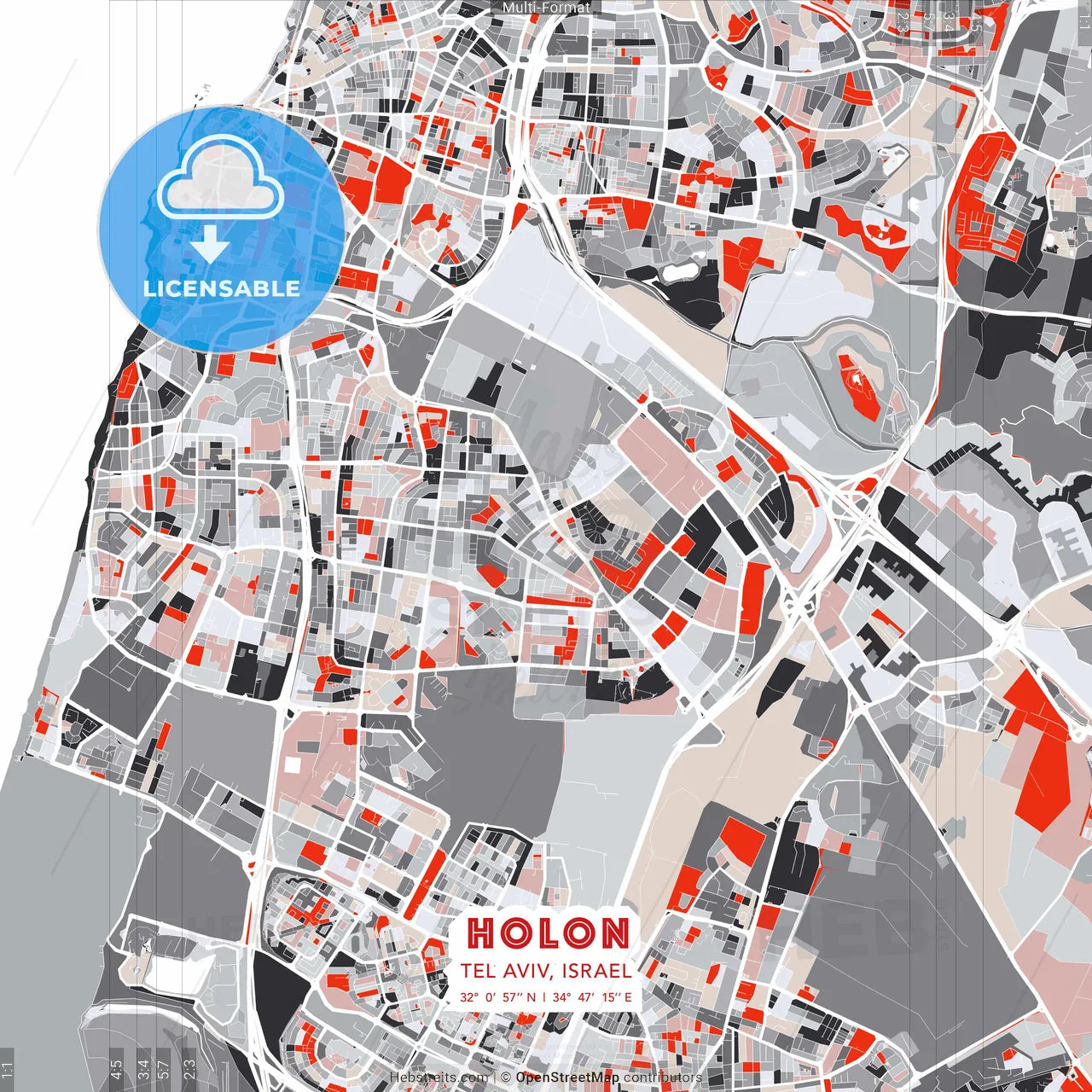 Holon, Tel Aviv, Israel - modern street map poster template with gray and red tones