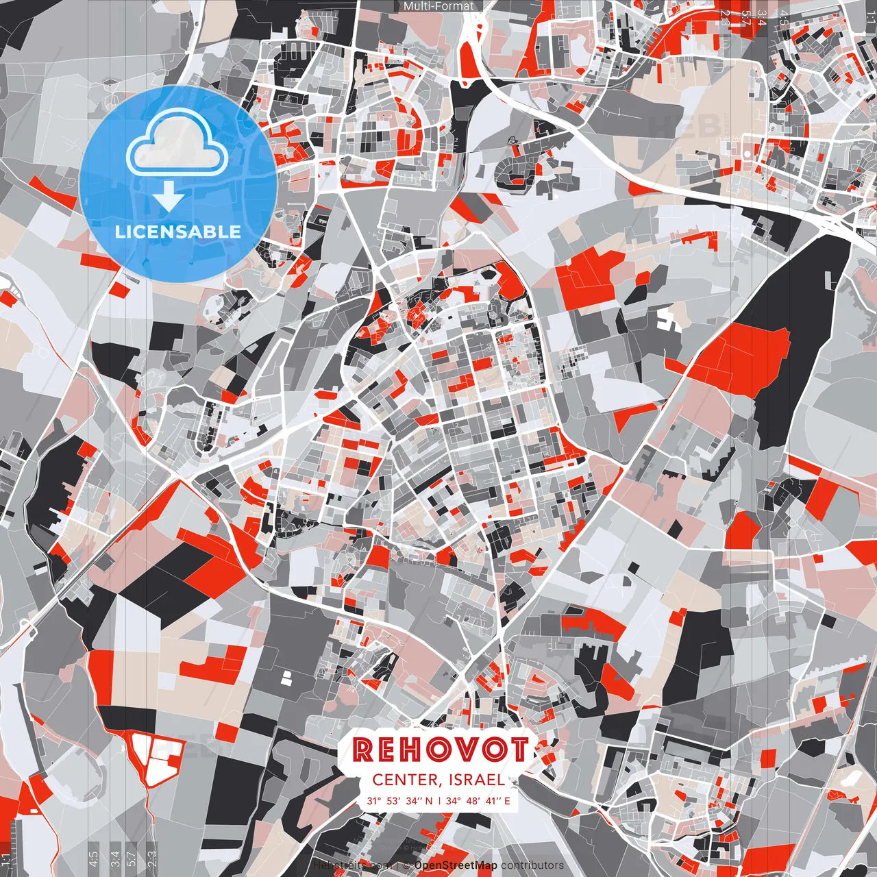 Rehovot, Center, Israel - modern street map poster template with gray and red tones
