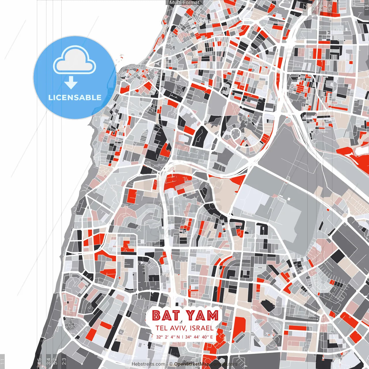 Bat Yam, Tel Aviv, Israel - modern street map poster template with gray and red tones