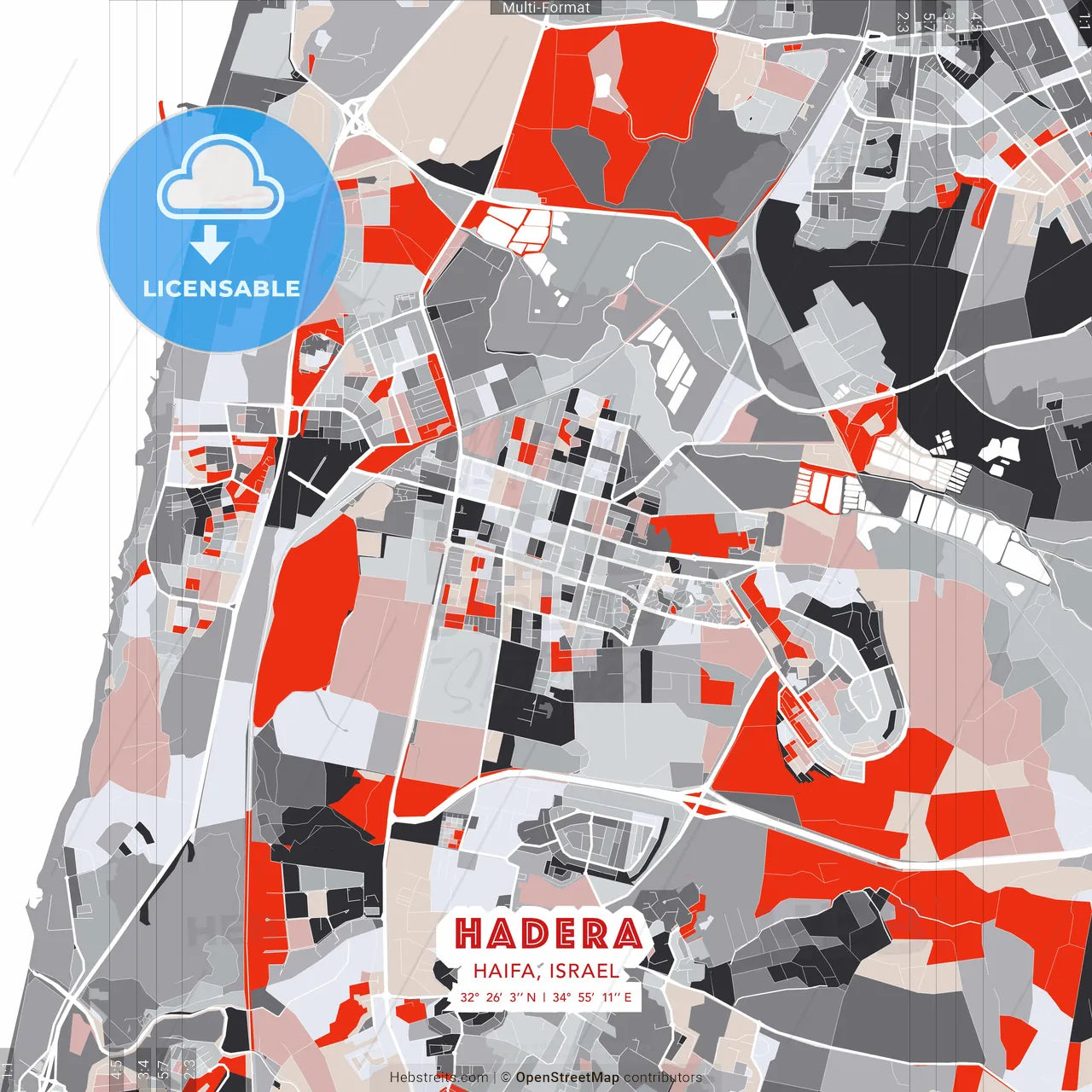 Hadera, Haifa, Israel - modern street map poster template with gray and red tones