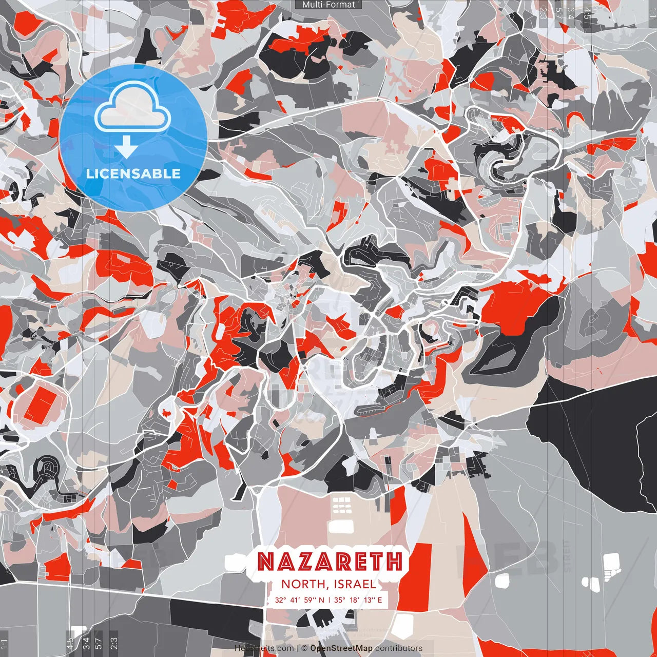 Nazareth, North, Israel - modern street map poster template with gray and red tones