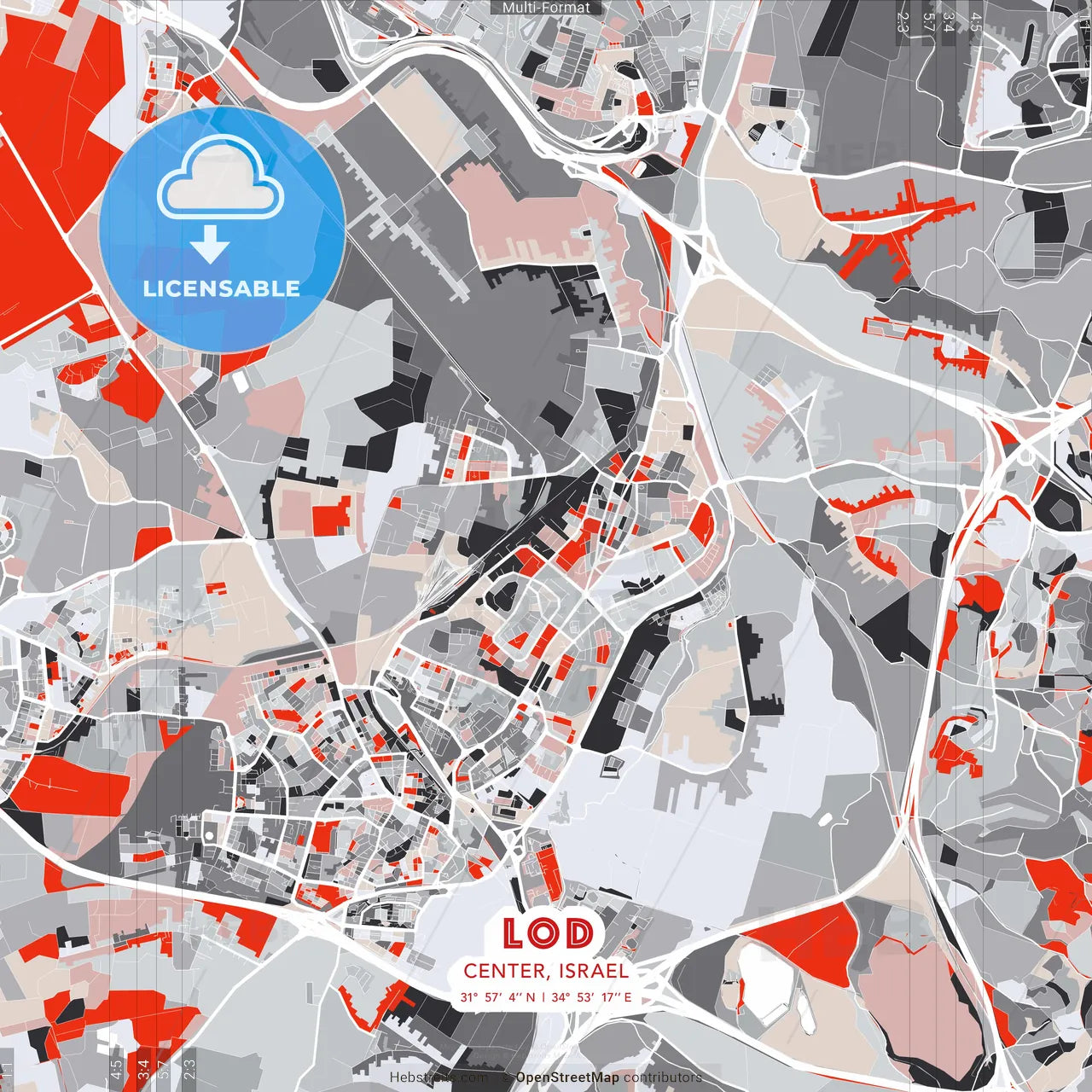 Lod, Center, Israel - modern street map poster template with gray and red tones