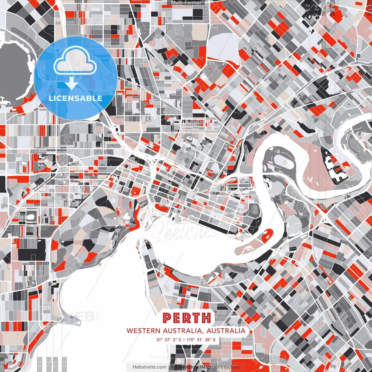 Perth, Western Australia, Australia - modern street map poster template with gray and red tones