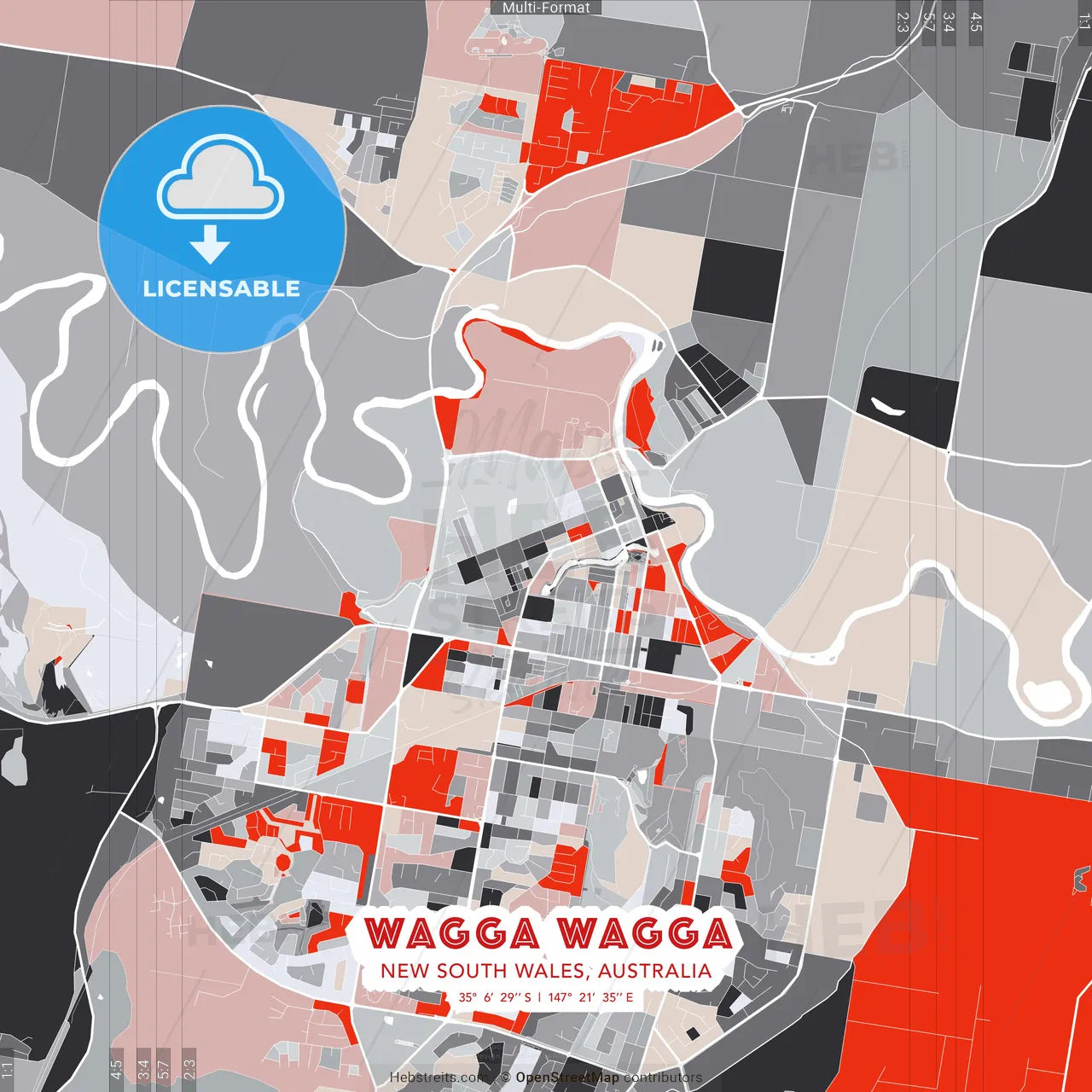Wagga Wagga, New South Wales, Australia - modern street map poster template with gray and red tones