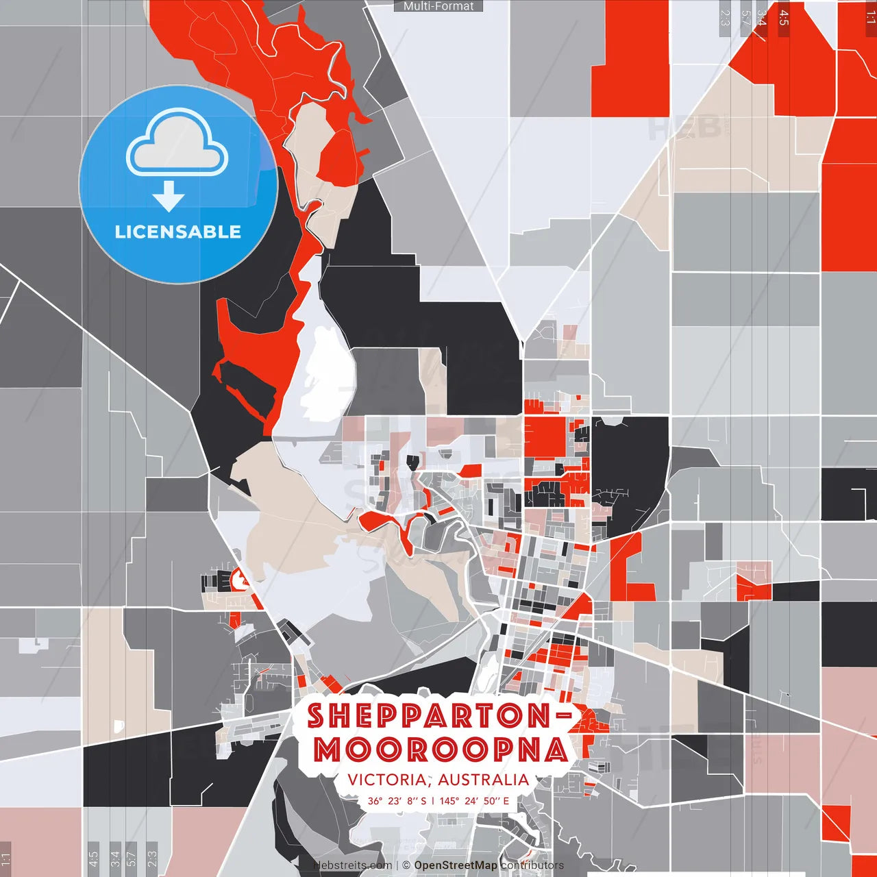Shepparton–Mooroopna, Victoria, Australia - modern street map poster template with gray and red tones