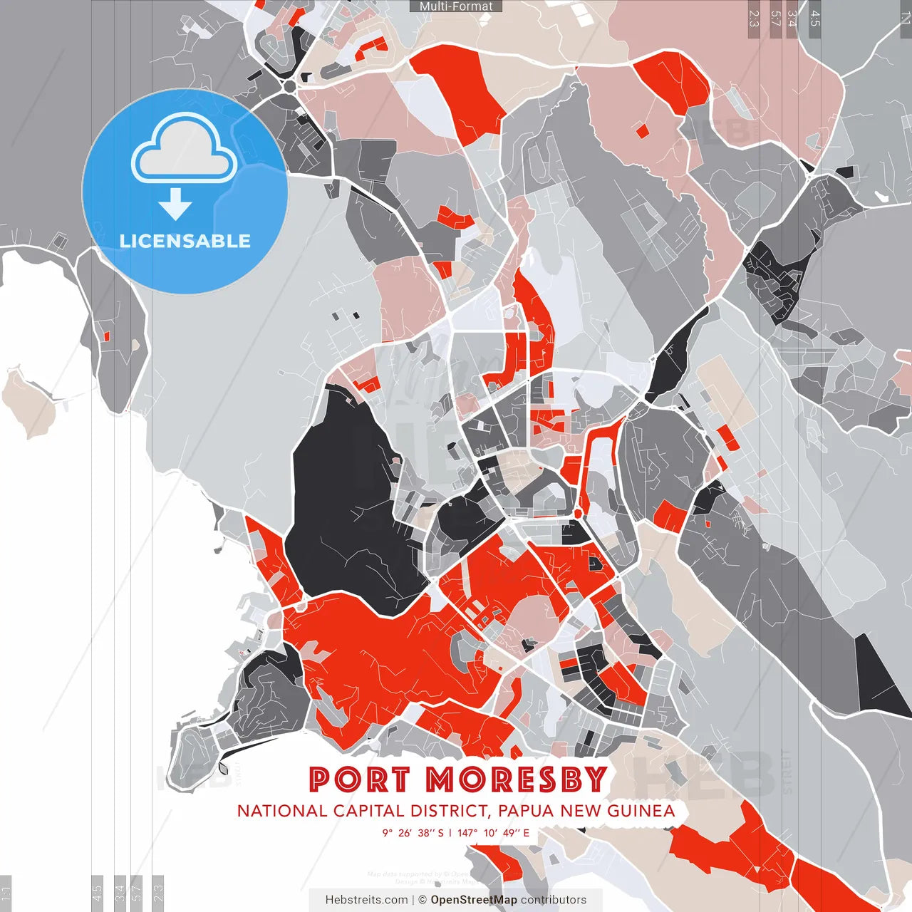 Port Moresby, National Capital District, Papua New Guinea - modern street map poster template with gray and red tones