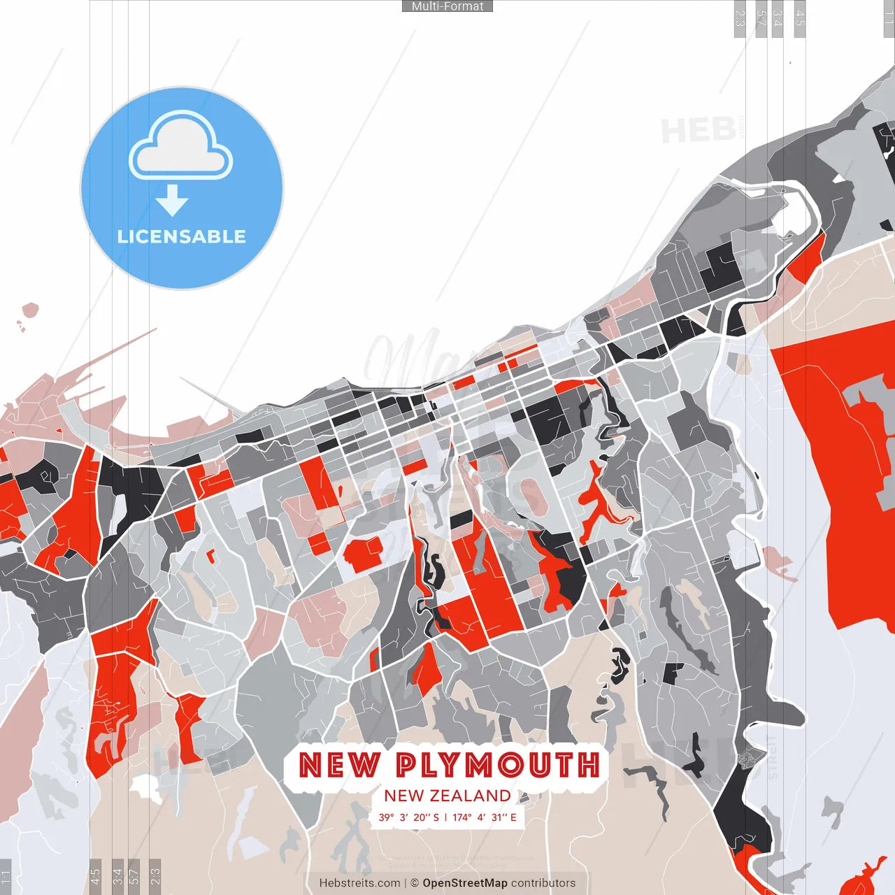 New Plymouth, New Zealand - modern street map poster template with gray and red tones