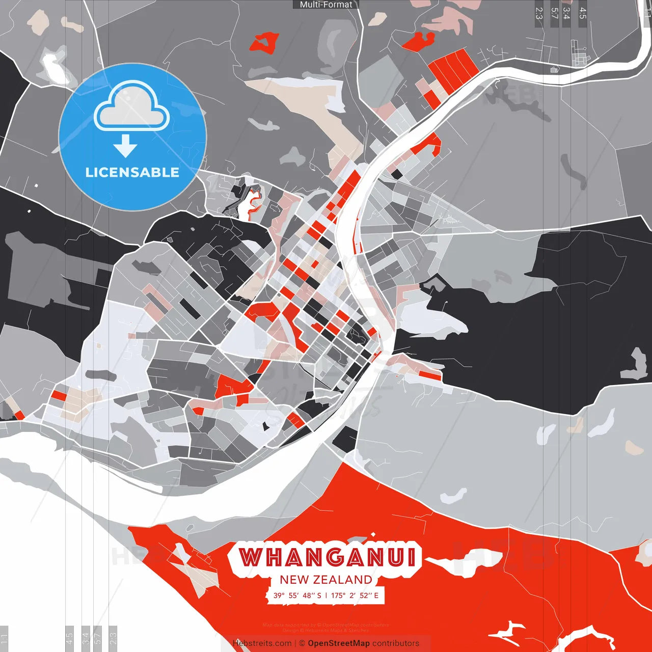 Whanganui, New Zealand - modern street map poster template with gray and red tones